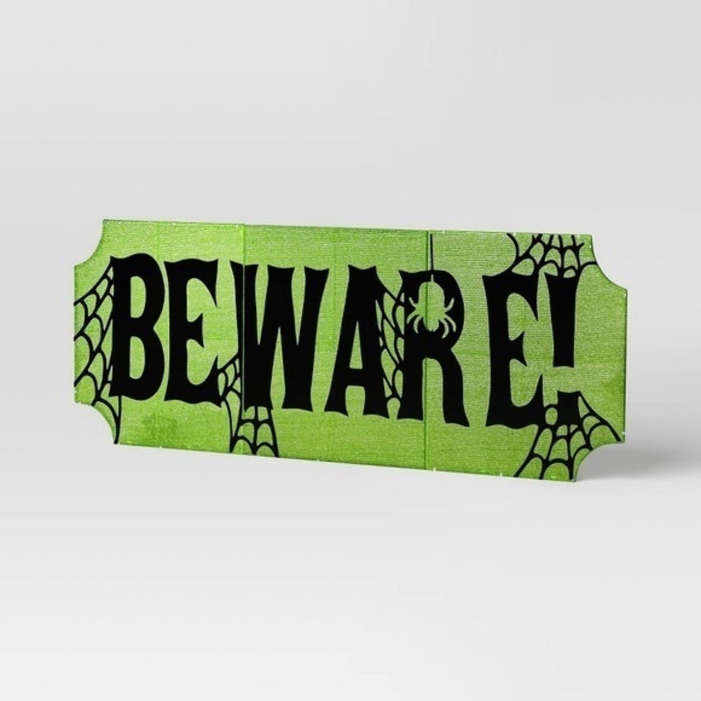 NIB. Hyde & Eek! 18" LED 'BEWARE!' Tinsel Halloween Sign